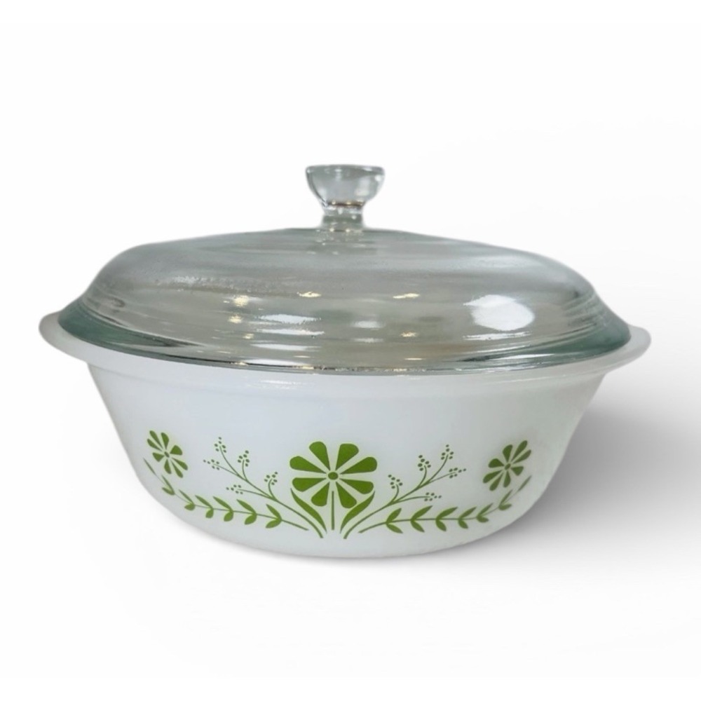 Glasbake Green Daisy J2600 1.5 Qt Covered Casserole Dish w/ Lid Vintage